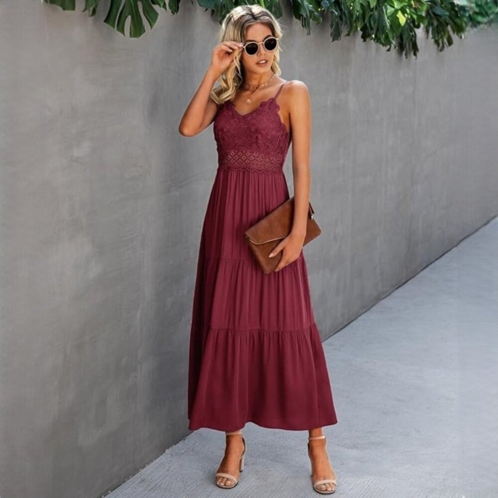Dokuritu Women's Crochet Lace Maxi Dress in Wine Color and size Small NWT
